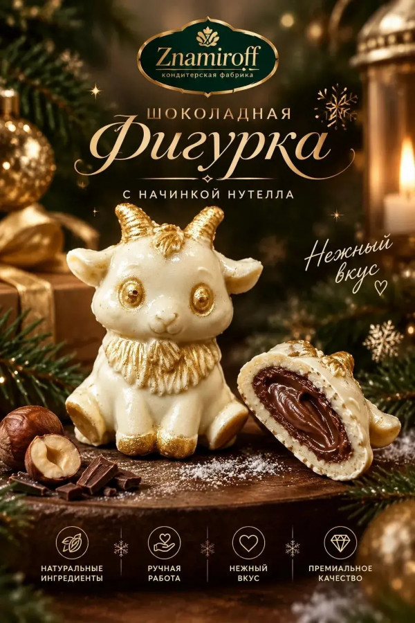 №1 Шоколад фигурный "Мультяшный козлик" белый шоколад с начинкой нутелла(блок 5шт по 70г) в Тутаеве